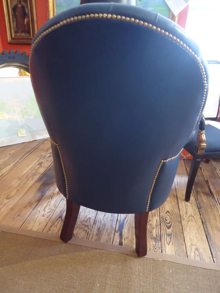 Mid-20th Century Classic Blue Ralph Lauren-Style Leather-Tufted Library Chair