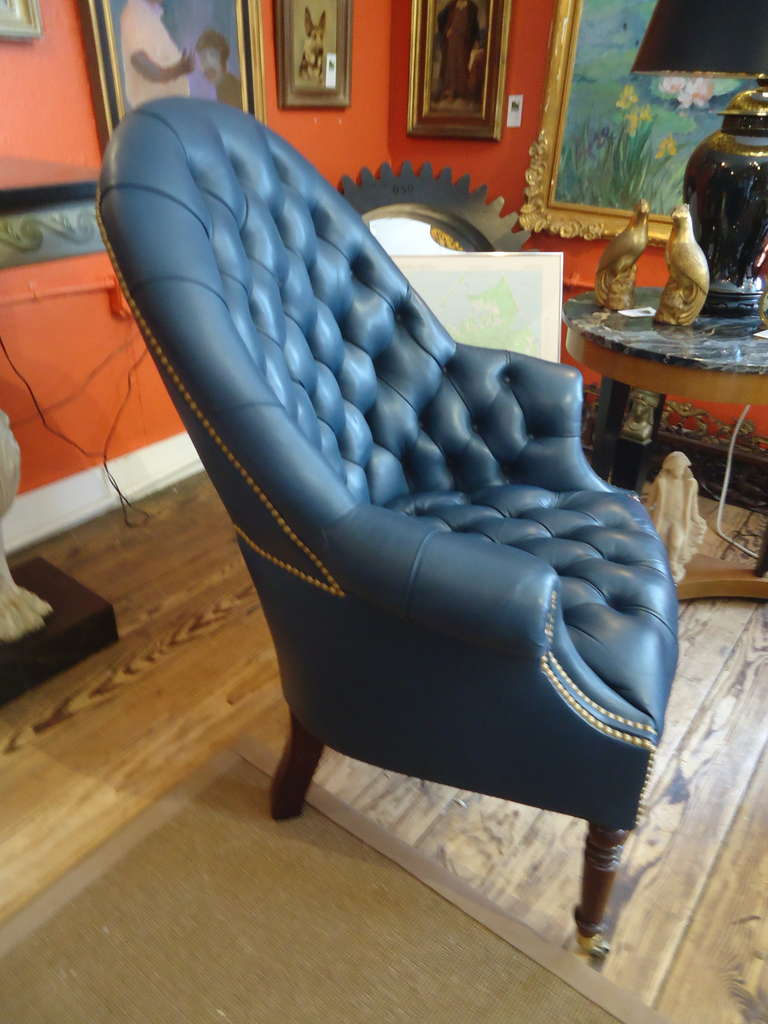 Classic Blue Ralph Lauren-Style Leather-Tufted Library Chair 2
