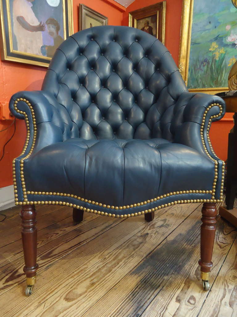 Classic Blue Ralph Lauren-Style Leather-Tufted Library Chair 3