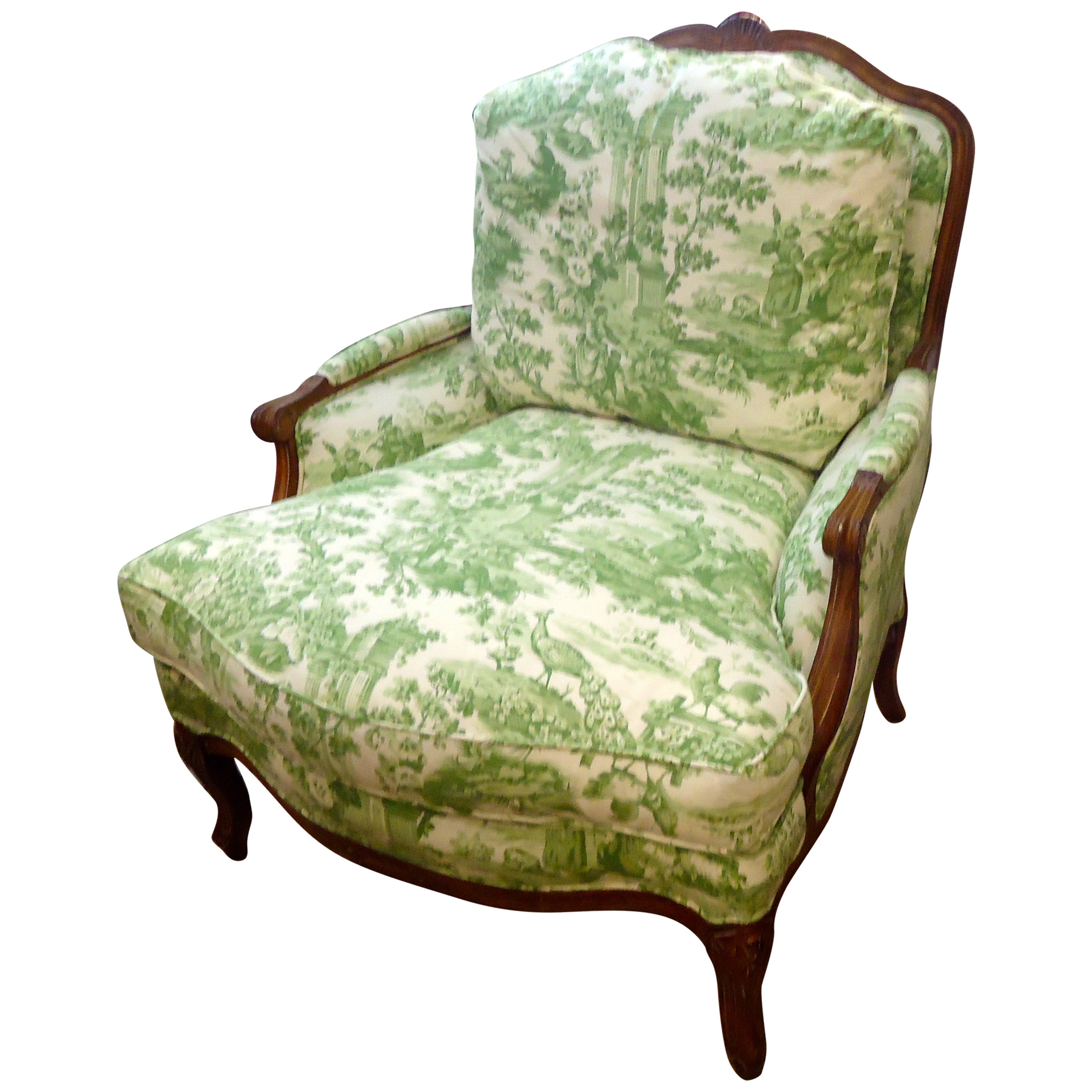 Large Comfy French Bergere Lounge Chair Upholstered in Toile