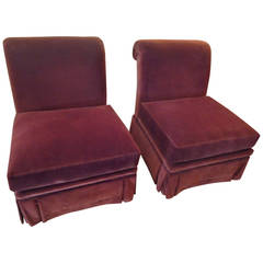 Pair of Regal Maroon Velvet Slipper Chairs