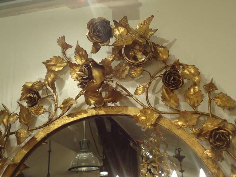 Italian Flower and Bird Adorned Ornate Tole Gilt Mirror