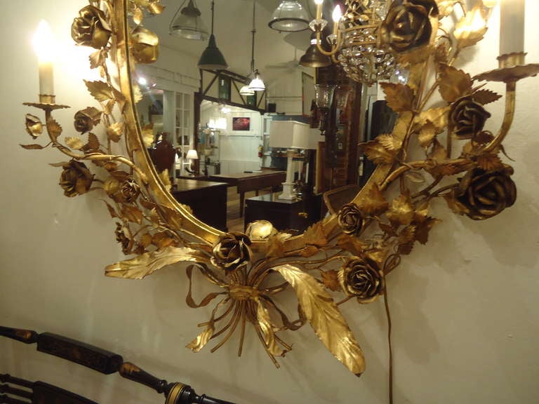 Mid-20th Century Flower and Bird Adorned Ornate Tole Gilt Mirror