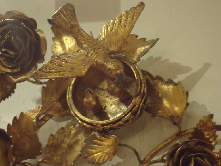 Tôle Flower and Bird Adorned Ornate Tole Gilt Mirror