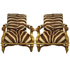 Pair of Luther Vandross Estate Zebra Hide and Gilded Antique Bergeres