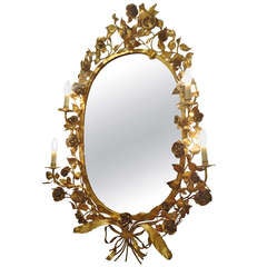 Flower and Bird Adorned Ornate Tole Gilt Mirror