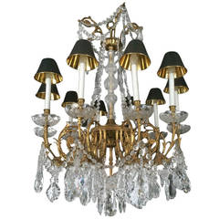 Very Ornate Italian Brass and Crystal Chandelier with Ebonized Brass Shades