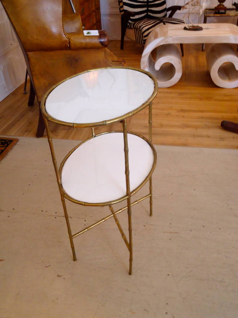 Elegant Maison Bagues Two-Tier Bronze and Milk Glass Side Table In Excellent Condition In Hopewell, NJ
