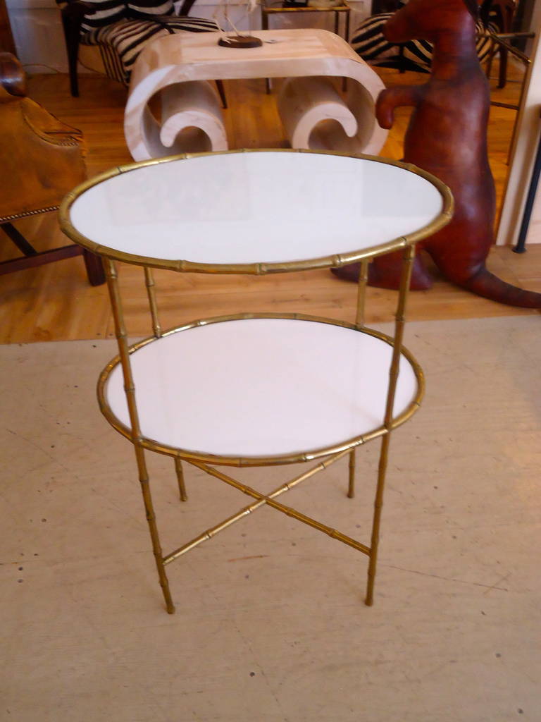 Mid-20th Century Elegant Maison Bagues Two-Tier Bronze and Milk Glass Side Table
