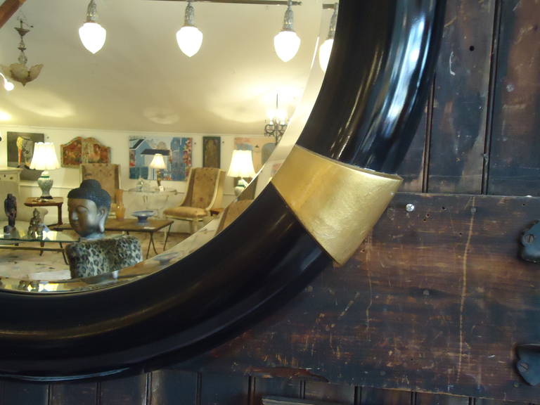 Karl Springer Style Big Regency Style Black and Gold Round Mirror In Excellent Condition In Hopewell, NJ