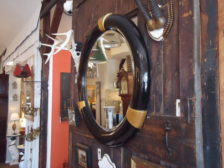 American Karl Springer Style Big Regency Style Black and Gold Round Mirror