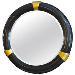 Karl Springer Style Big Regency Style Black and Gold Round Mirror