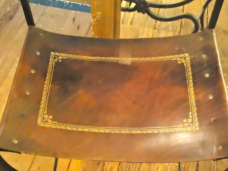 Vintage Tooled Leather and Wrought Iron Savonarola Chair 1