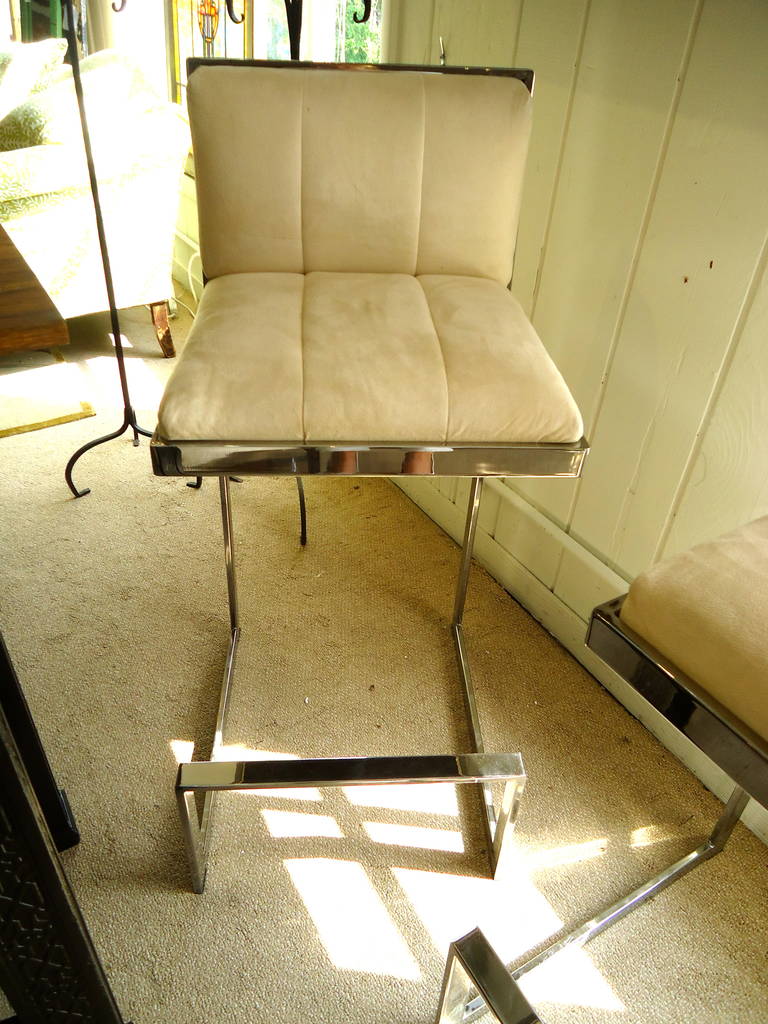Four Milo Baughman Chrome and White Suede Bar Stools