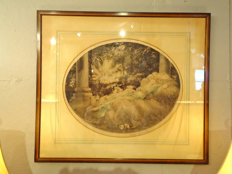 Signed Artist Proof by Louis Icart.  Subject matter is a reclining woman in a fantastical setting with adorable pup lying nearby.  