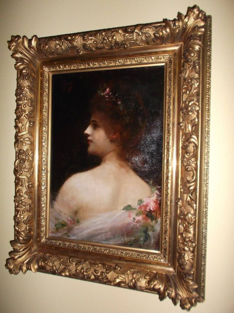 A charming oil portrait of a redheaded lady in a toile dress with pink flowers.
South American, presumably Argentianian, signed Rianz (?)
Canvas: approx. 15