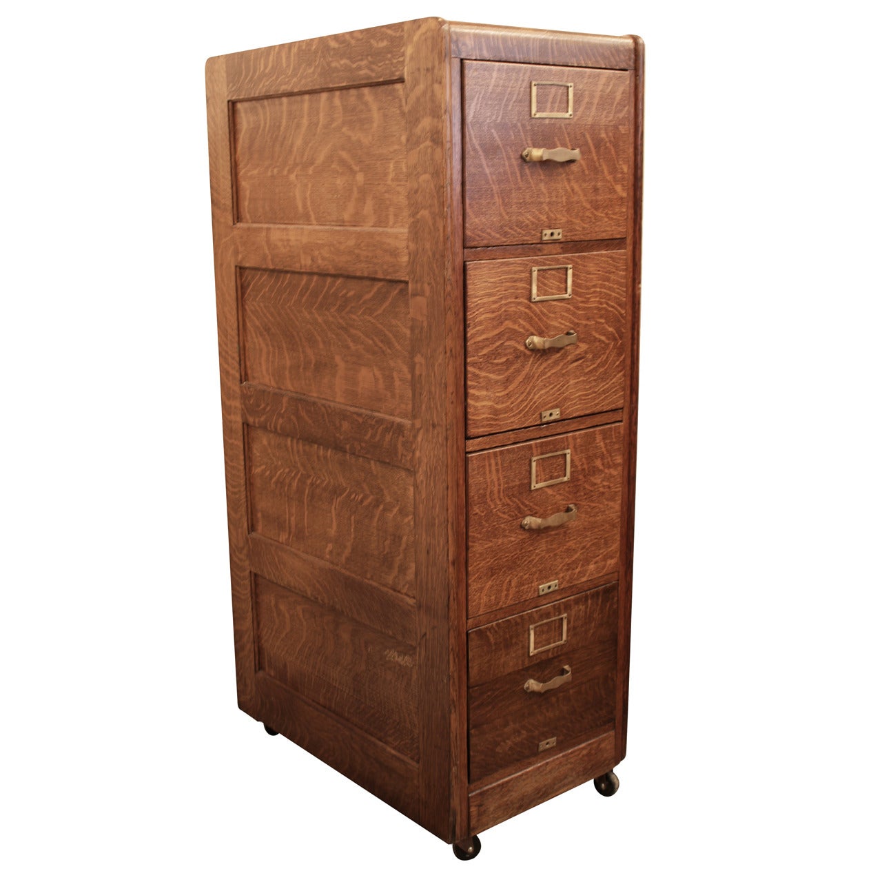 Tiger Oak Four Drawer File Cabinet with Original Hardware