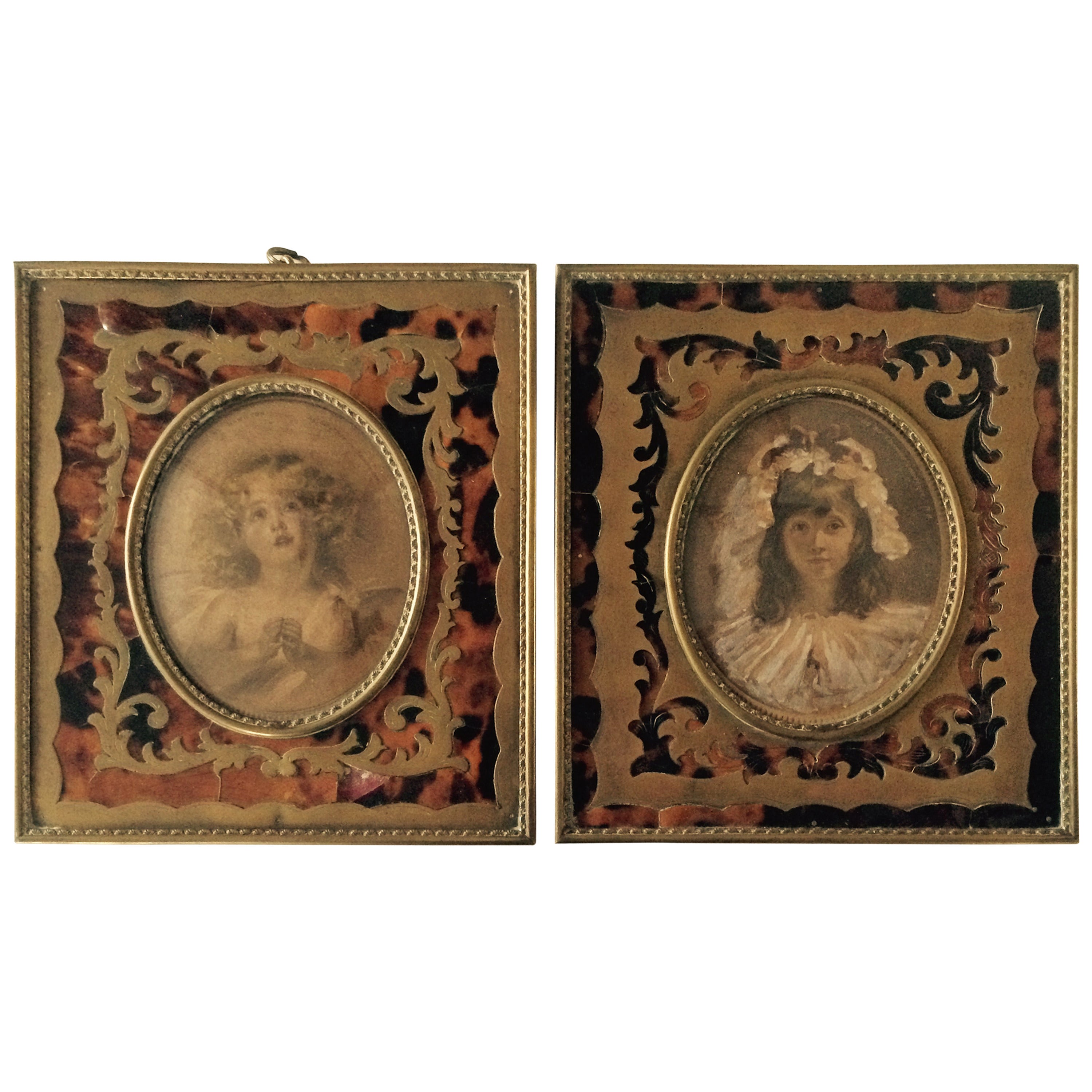 Pair of Antique Portraits in Boulle Frames