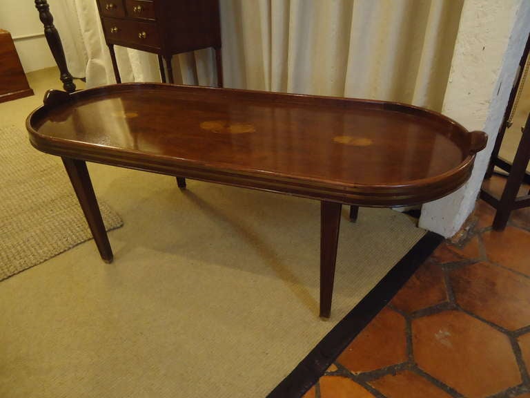 Classic style, mahogany tray style top with 3 inlay sunbursts, double brass banding around the top edge with brass capped feet.
