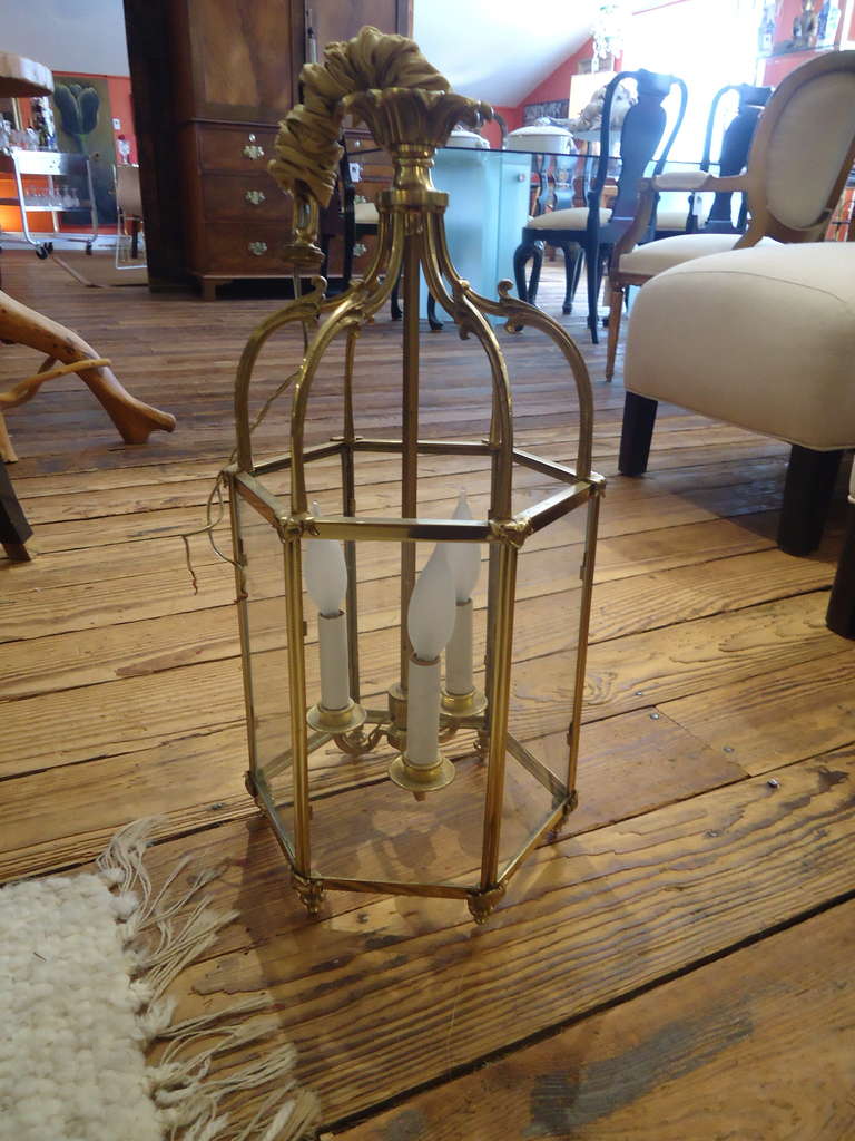 Stunning bronze lantern from the estate of Penthouse Magazine founder Bob Guccione; Continental, from either France or England; 6 sided with glass panels, 3 candle style lights