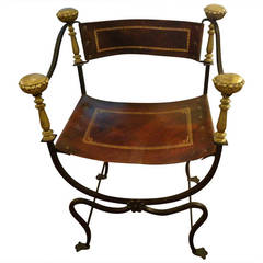 Vintage Tooled Leather and Wrought Iron Savonarola Chair
