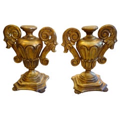 Elegant Chunky Pair of Gold Leaf Carved Wood Urn Shaped Objects