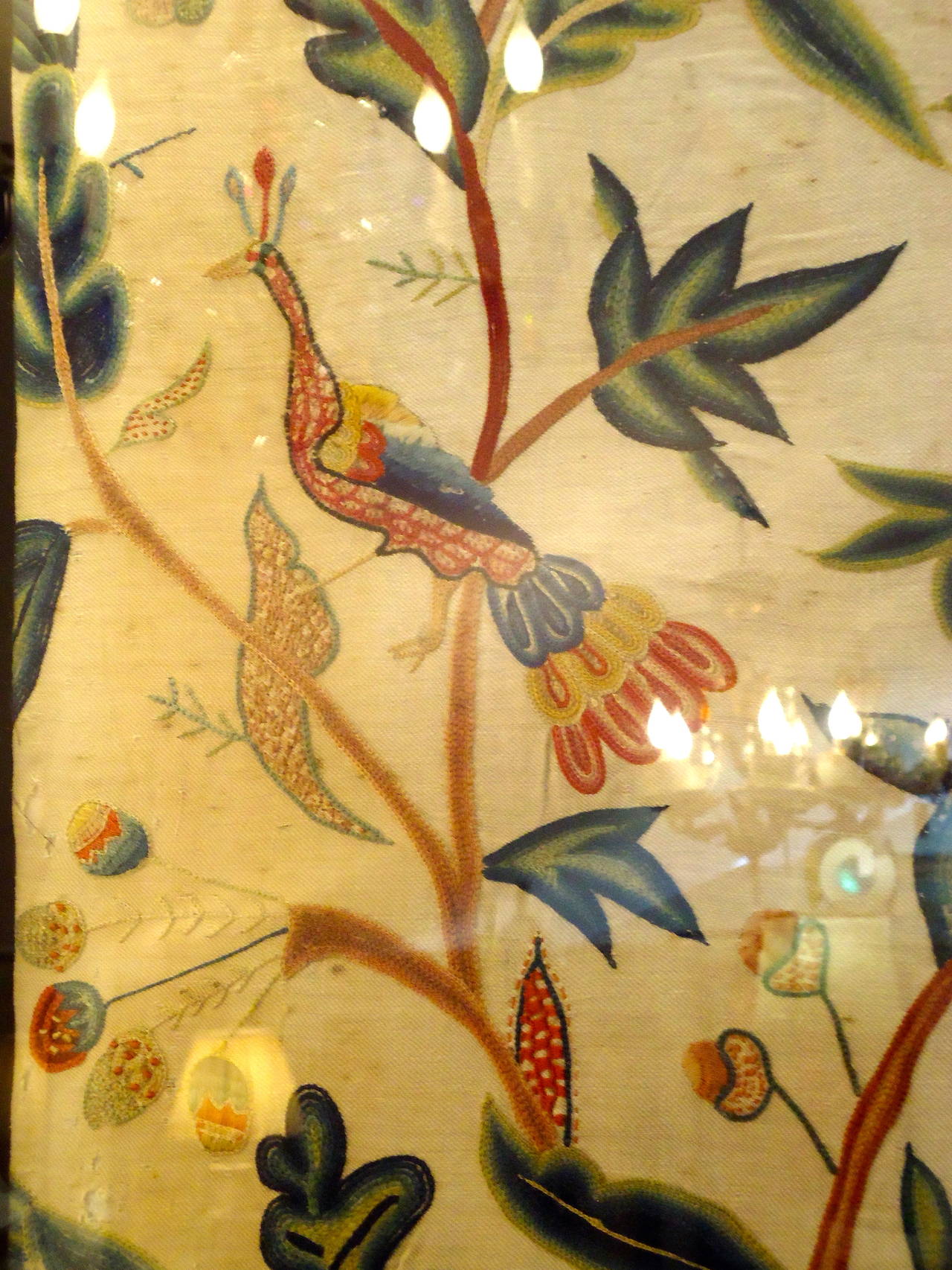 English Pair of Monumental 18th Century Framed Crewel Embroidery Bed Hangings