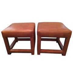 Pair of Chocolatey Leather Parsons Style Ottomans