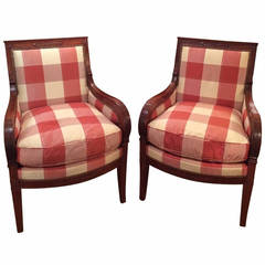 Winner Pair of French Empire Carved Wood and Upholstered Bergeres