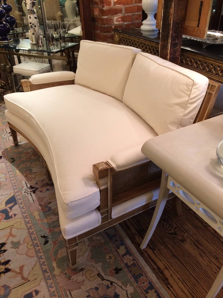 Pair of Ultra Chic Caned, Carved and Curved Settees In Excellent Condition In Hopewell, NJ
