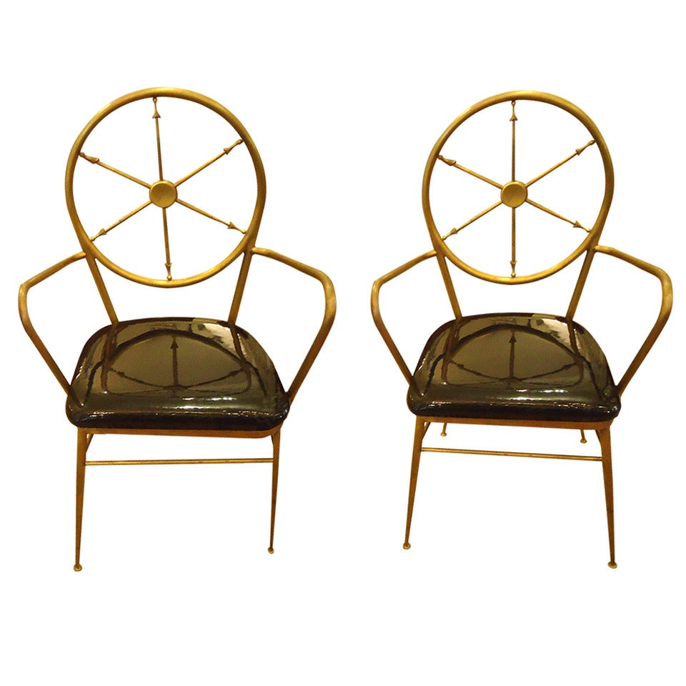Rare Pair of Mid-Century Modern Brass and Patent Leather Chairs