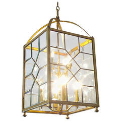 Mid-Century Modern Brass and Bevelled Glass Lantern Chandelier