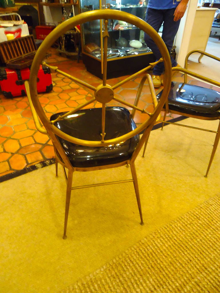 Rare Pair of Mid-Century Modern Brass and Patent Leather Chairs 1