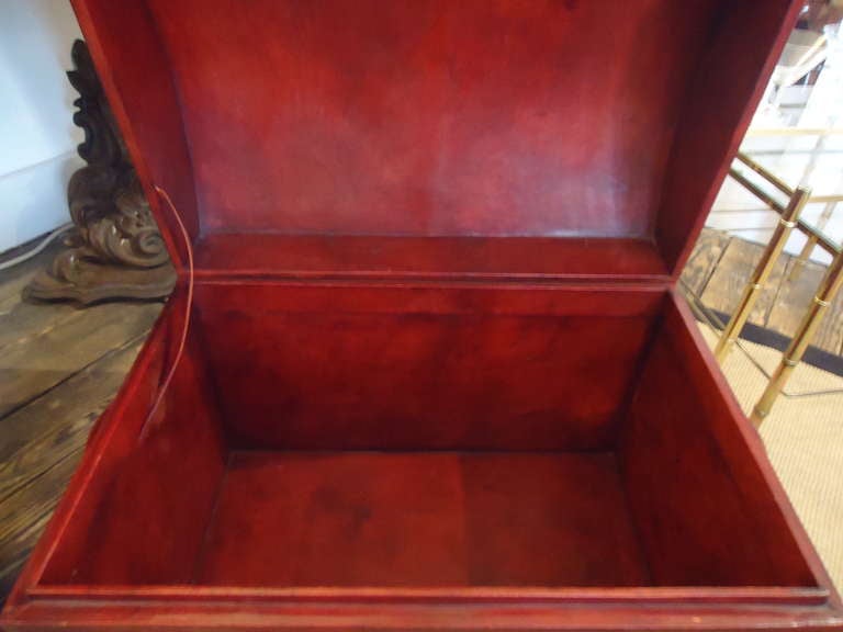 Handsome Red Tooled Leather Trunk In Excellent Condition In Hopewell, NJ