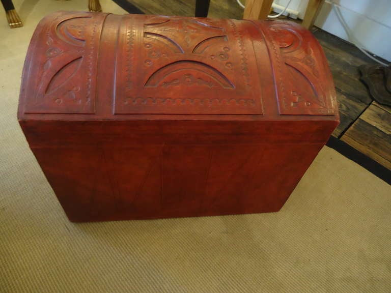 Mid-20th Century Handsome Red Tooled Leather Trunk