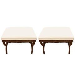 Pair of Beautifully Made Carved Wood Benches with Linen Upholstery