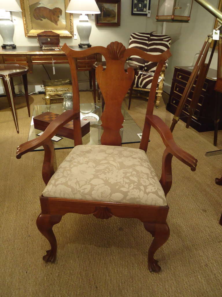 Two armchairs, six side chairs, walnut, signed and dated 1953, replicas of 18th century Queen Anne chairs, made in Pennsylvania with incredible workmanship. Peg and mortise and tenon construction, drake feet. Fabric covered seat in a neutral silk