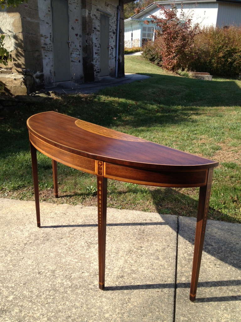 American Kittinger Mahogany and Satinwood Inlay Demilune Console