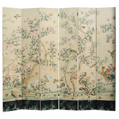 Huge Six-Panel Gracie Silk Hand-Painted Wallpaper Screen