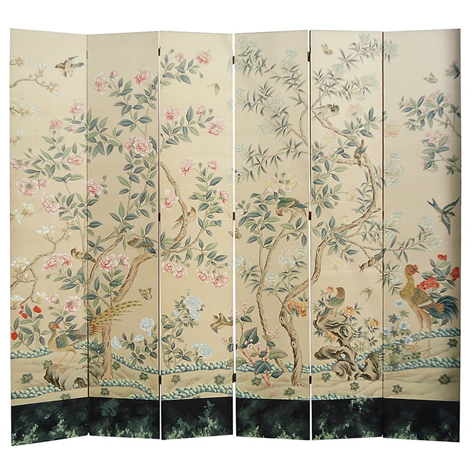 Huge Six-Panel Gracie Silk Hand-Painted Wallpaper Screen