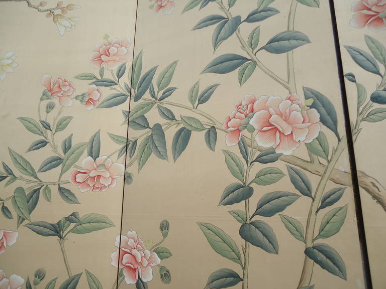 Huge Six-Panel Gracie Silk Hand-Painted Wallpaper Screen In Excellent Condition In Hopewell, NJ