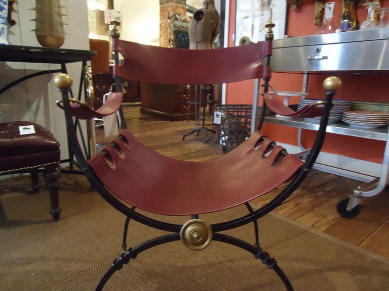 Mid-20th Century Savonarola Iron Brass and Leather Chair