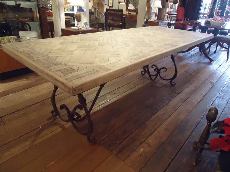 American Parquetry Dining Table with Wrought Iron Base