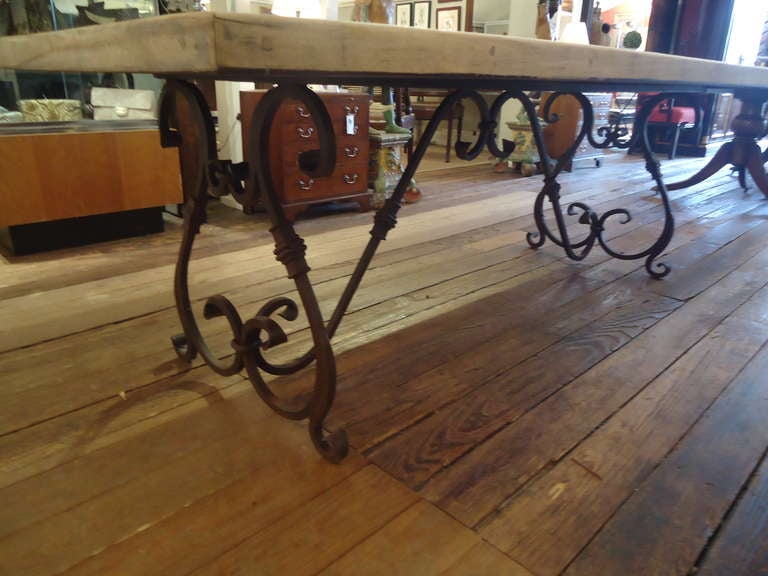 Wood Parquetry Dining Table with Wrought Iron Base
