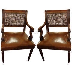 Pair of Leather and Caned Ivy League Yale Club Armchairs