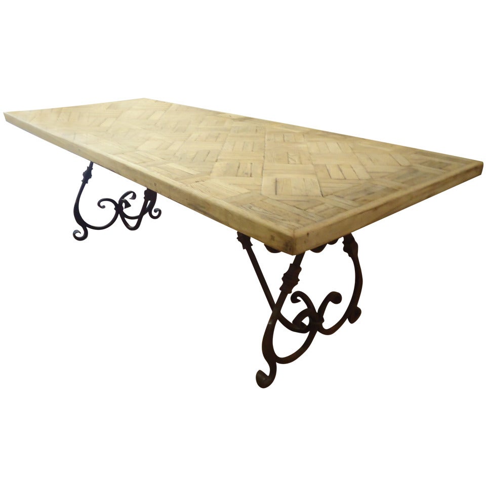 Parquetry Dining Table with Wrought Iron Base