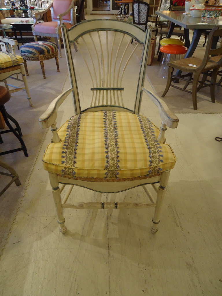 These chairs would be perfect in Provence, cream and prussian blue distressed finish, rush seats, and a comfy upholstered cushion in French Country style.
Six Armchairs, but will sell in pairs ($895/pr).  Would be great at either end of a