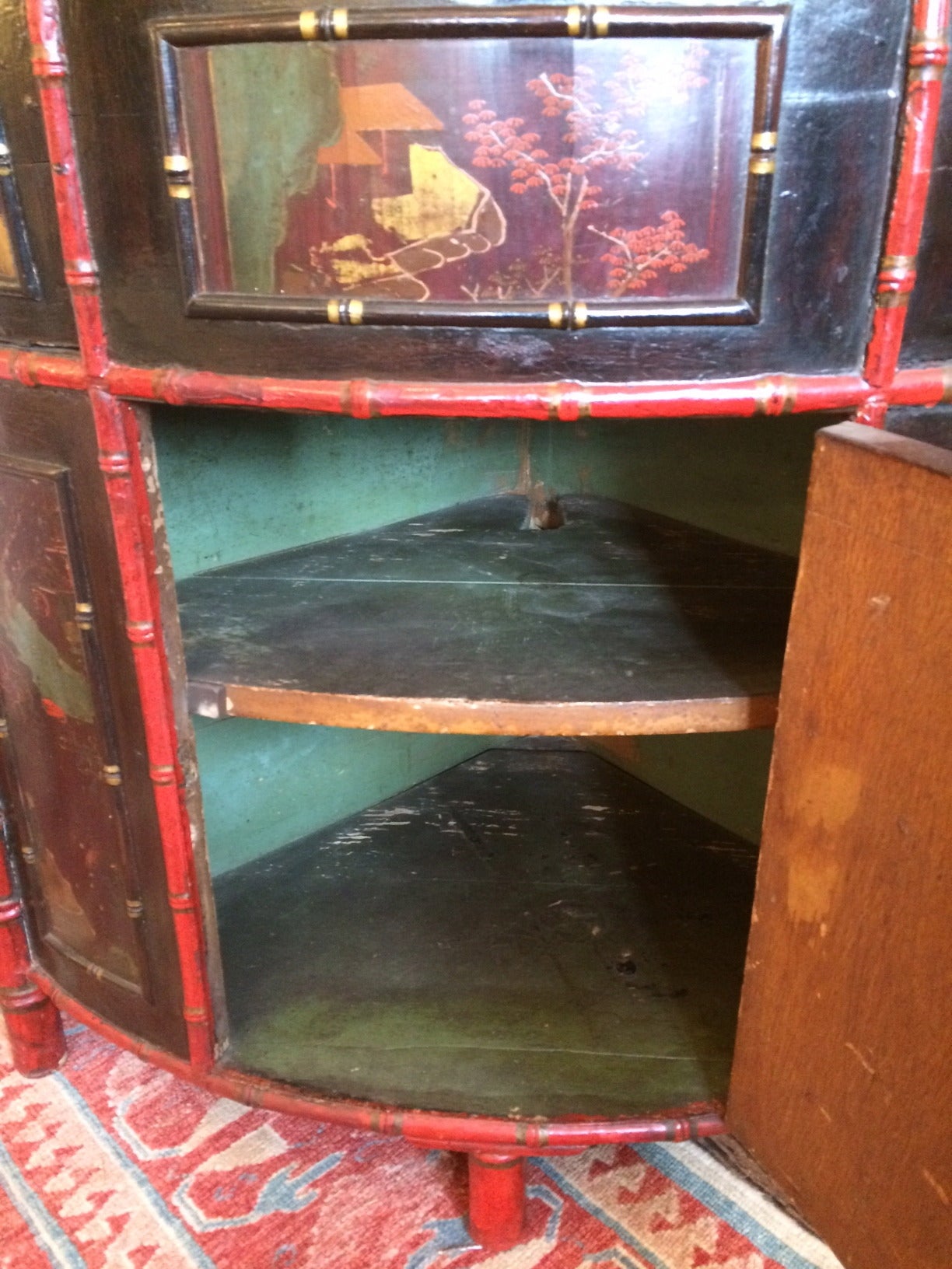 Pair of Antique Faux Bamboo Chinoiserie Corner Cupboards In Good Condition In Hopewell, NJ