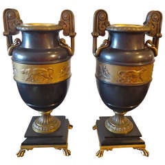 Pair of Signed by Heizler Bronze and Marble Urns on Fancy Mirrored Pedestals