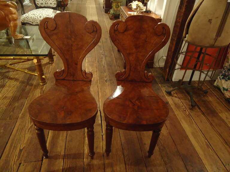 Fine pair of early 19th century regency hall chairs, elmwood or pollard oak. 

15.25 seat depth